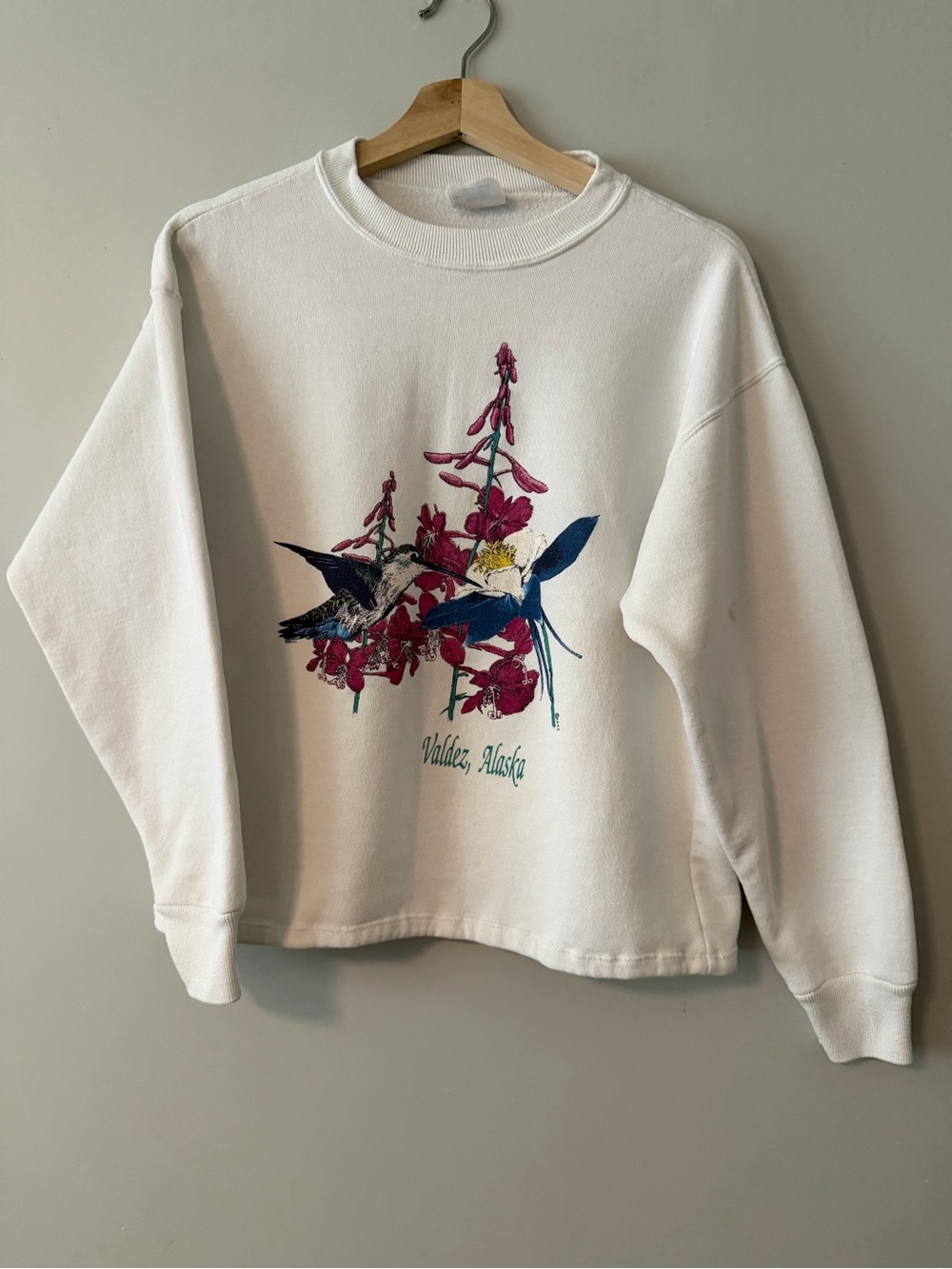Hanes White Crewneck Sweatshirt with Pink Floral & Blue Hummingbird Graphic